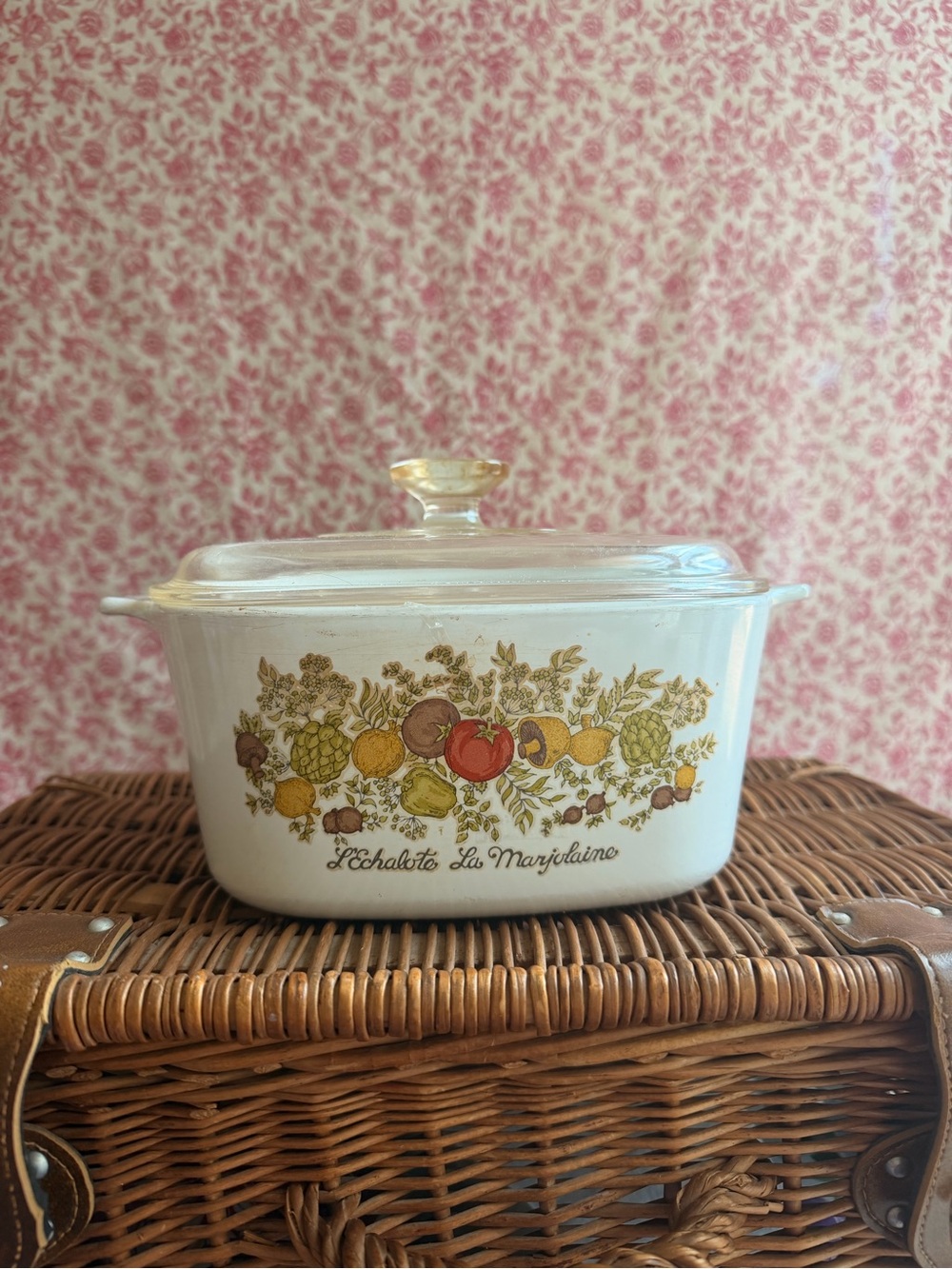 Vintage Corningware White Casserole with Yellow, Red and Green Fruit Motif
